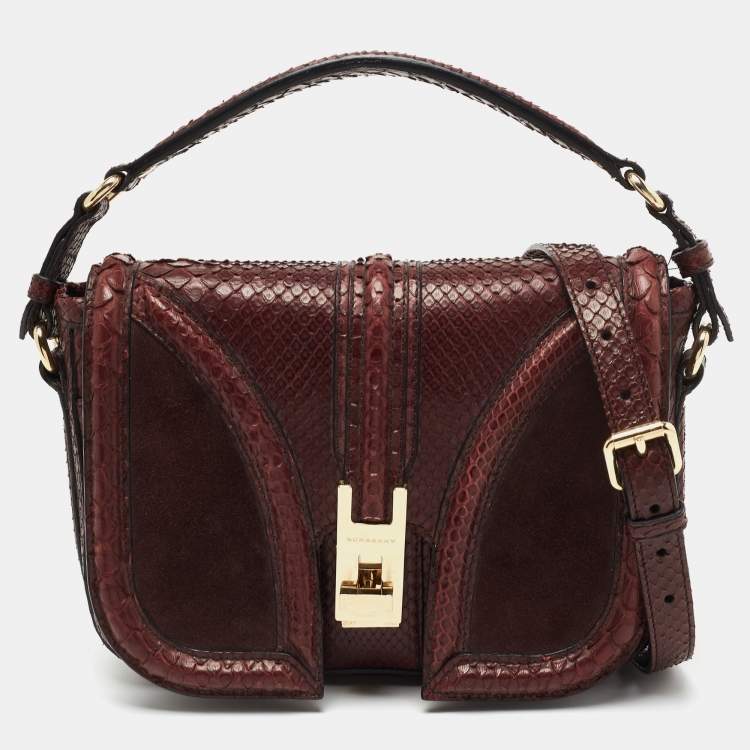 Pre Owned Burberry Burgundy Python and Sued Flap Shoulder Bag