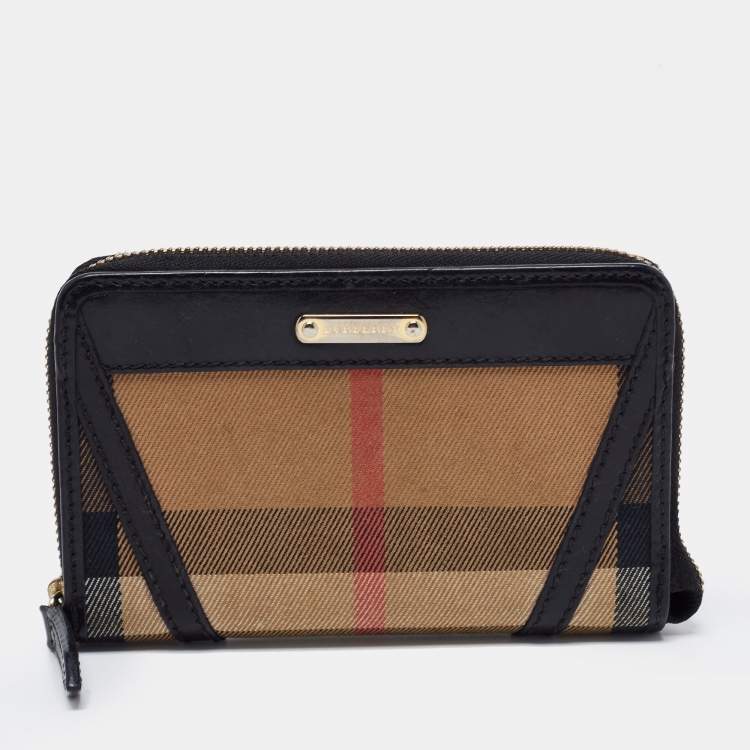 Pre Owned Burberry Black/Beige House Check Canvas and Leather Zip Around Wallet