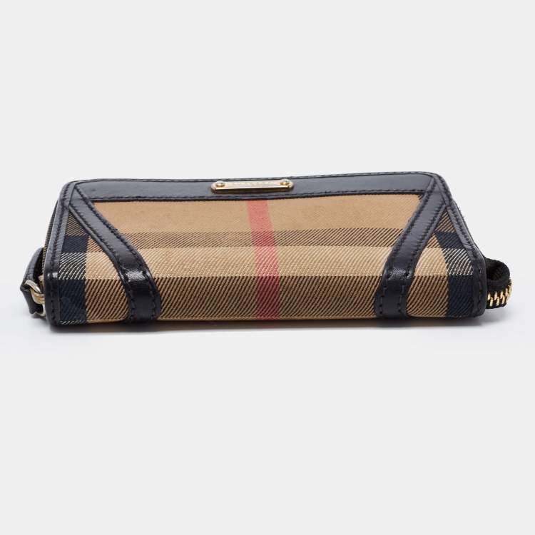Pre Owned Burberry Black/Beige House Check Canvas and Leather Zip Around Wallet