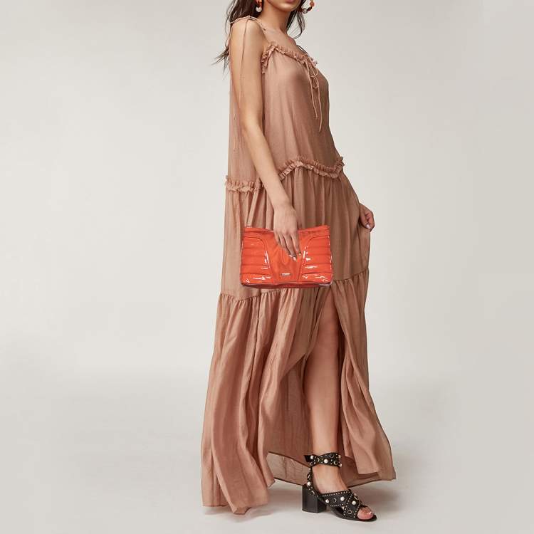 Pre Owned Burberry Orange Nylon and Patent Leather Large Westchester Clutch