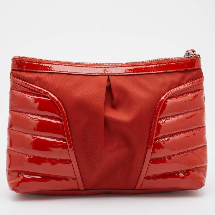 Pre Owned Burberry Orange Nylon and Patent Leather Large Westchester Clutch