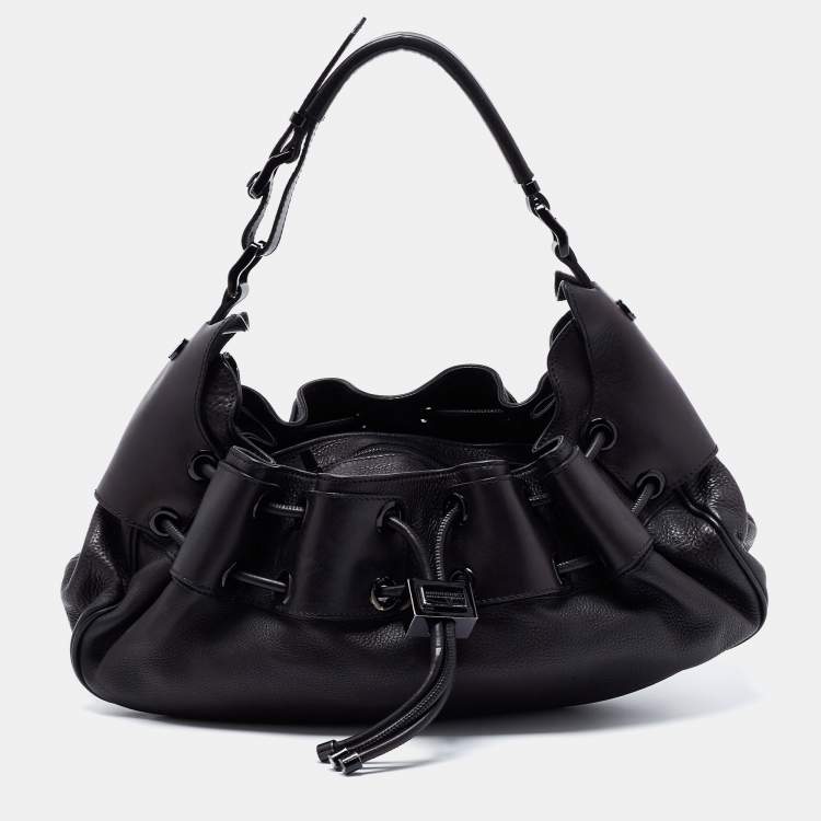 Pre Owned Burberry Black Leather Warrior Drawstring Hobo
