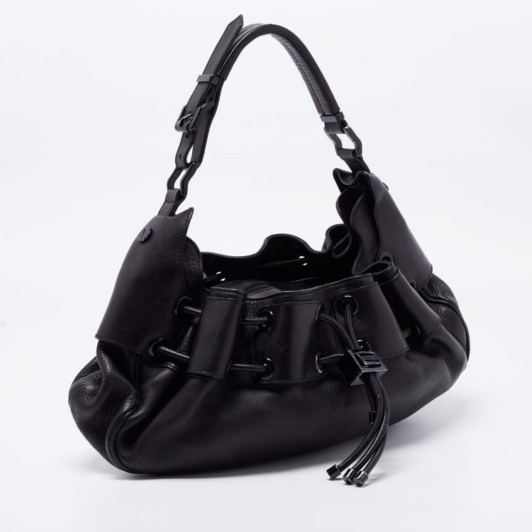 Pre Owned Burberry Black Leather Warrior Drawstring Hobo