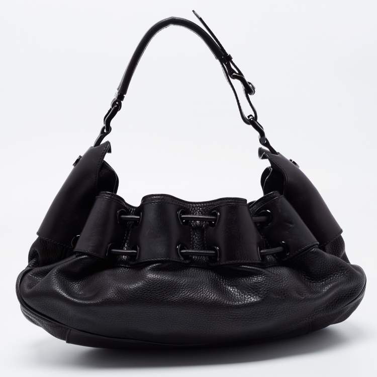 Pre Owned Burberry Black Leather Warrior Drawstring Hobo