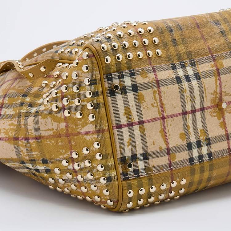 Pre Owned Burberry Beige/Yellow Haymarket Check Coated Canvas and Leather Studded Special Edition Canterbury Tote