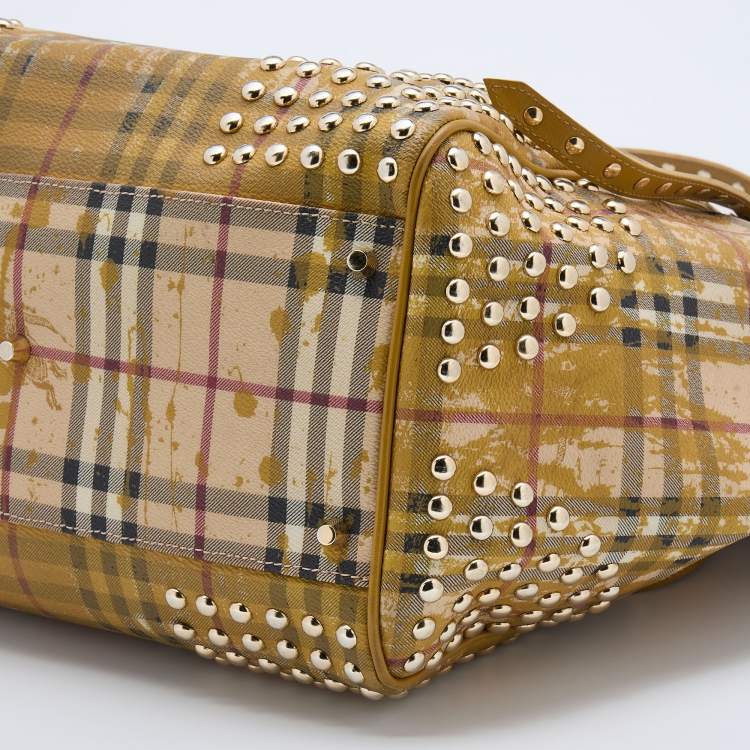 Pre Owned Burberry Beige/Yellow Haymarket Check Coated Canvas and Leather Studded Special Edition Canterbury Tote