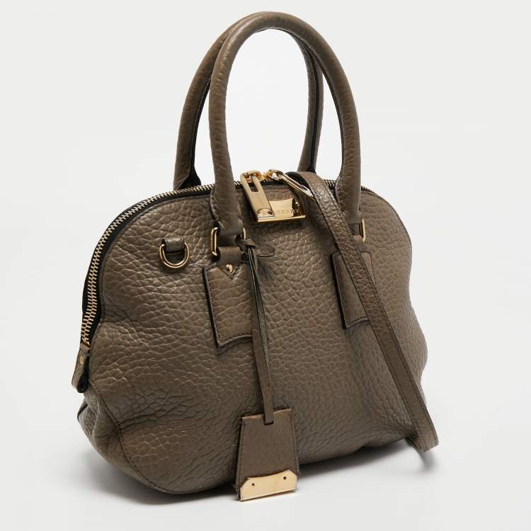 Pre Owned Burberry Dark Beige Pebbled Leather Small Orchard Satchel