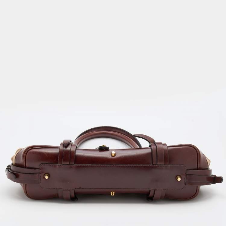 Pre Owned Burberry Beige/Brown House Check Canvas and Leather Bridle Satchel
