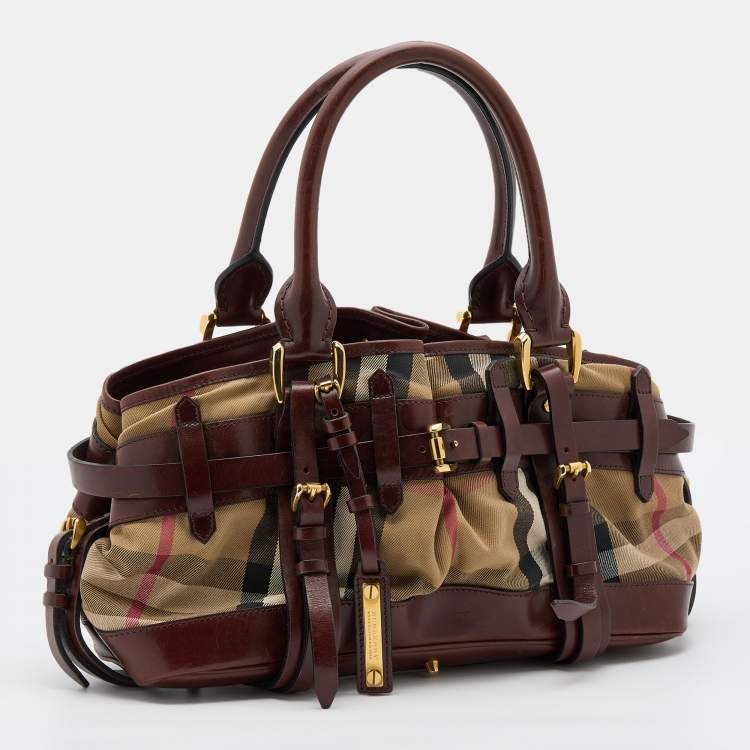 Pre Owned Burberry Beige/Brown House Check Canvas and Leather Bridle Satchel