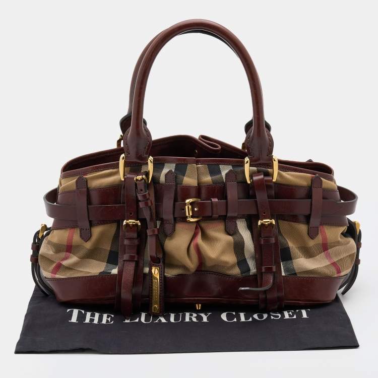 Pre Owned Burberry Beige/Brown House Check Canvas and Leather Bridle Satchel