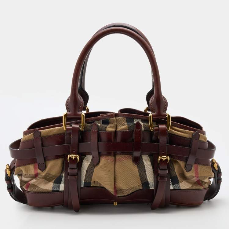 Pre Owned Burberry Beige/Brown House Check Canvas and Leather Bridle Satchel