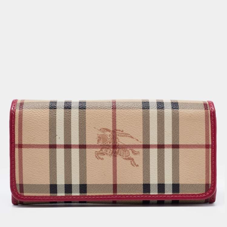 Pre Owned Burberry Fuchsia/Beige Haymarket Check Coated Canvas and Leather Flap Continental Wallet