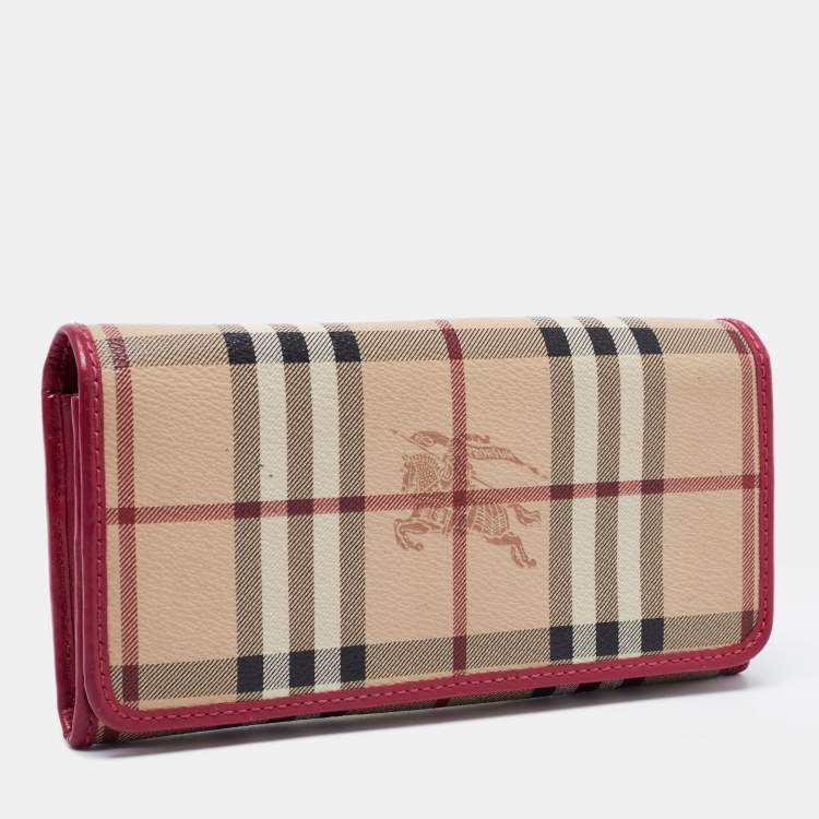 Pre Owned Burberry Fuchsia/Beige Haymarket Check Coated Canvas and Leather Flap Continental Wallet