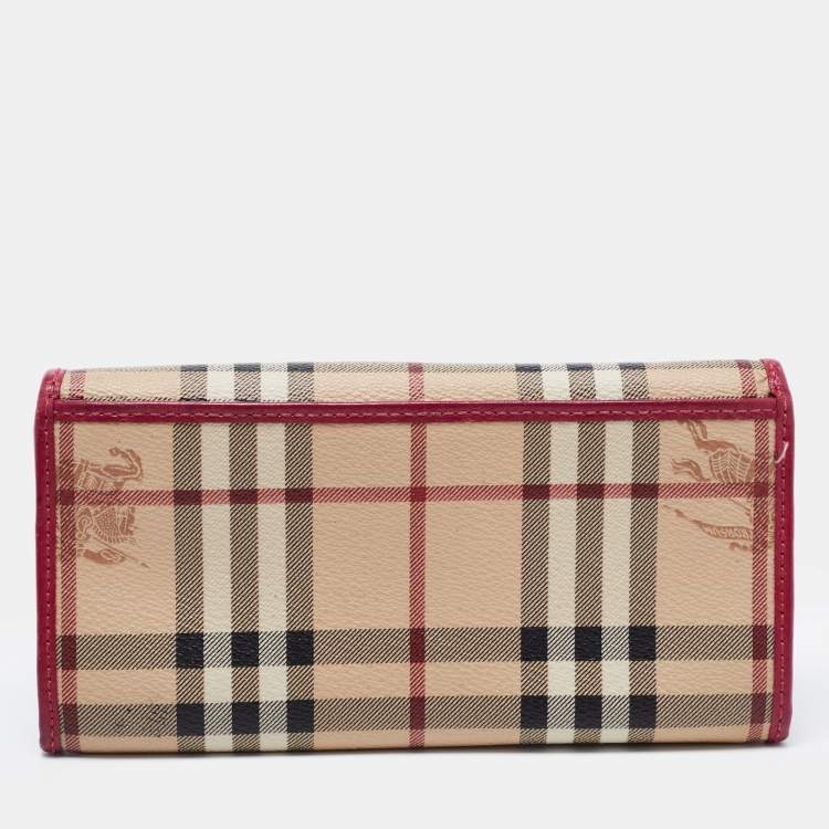 Pre Owned Burberry Fuchsia/Beige Haymarket Check Coated Canvas and Leather Flap Continental Wallet
