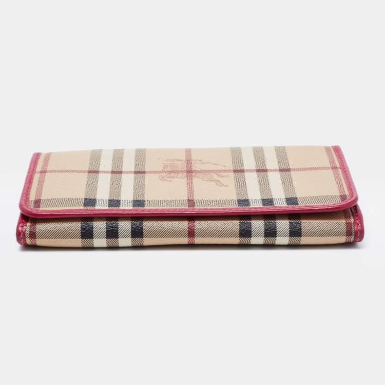 Pre Owned Burberry Fuchsia/Beige Haymarket Check Coated Canvas and Leather Flap Continental Wallet