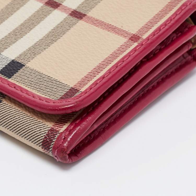 Pre Owned Burberry Fuchsia/Beige Haymarket Check Coated Canvas and Leather Flap Continental Wallet