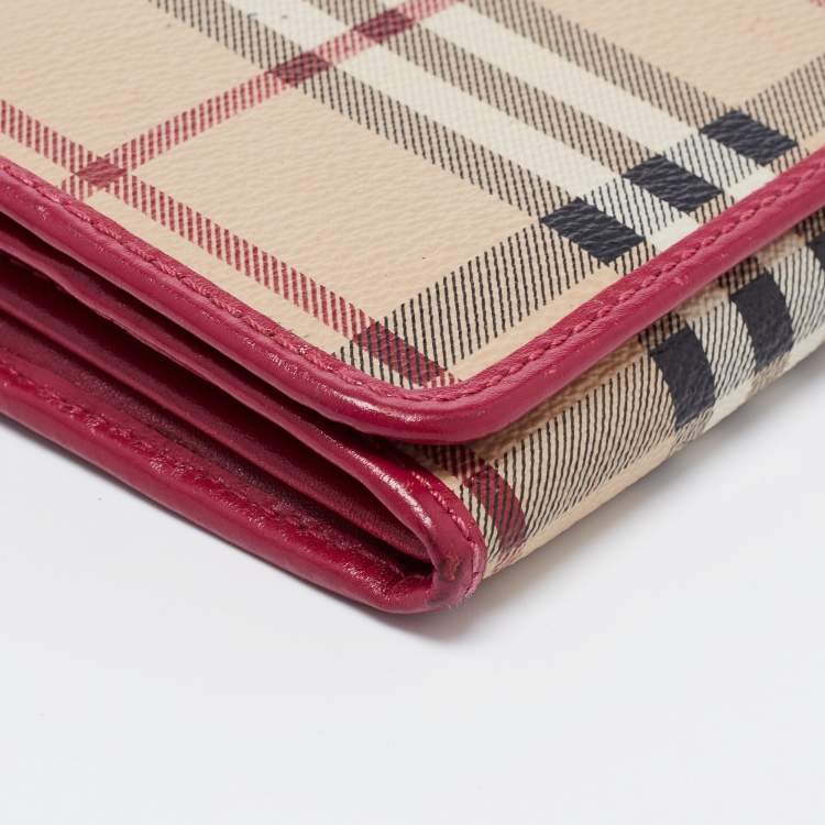 Pre Owned Burberry Fuchsia/Beige Haymarket Check Coated Canvas and Leather Flap Continental Wallet