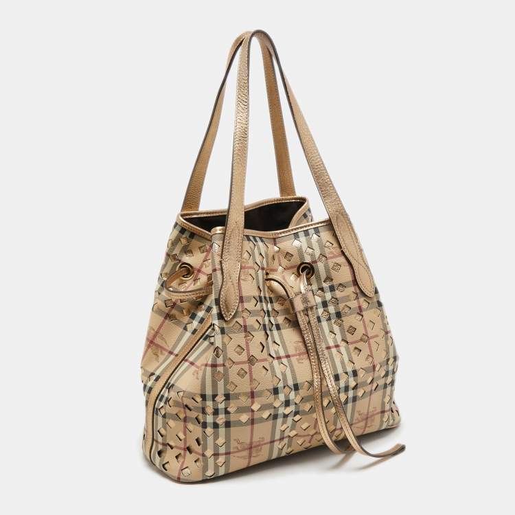 Pre Owned Burberry Gold/Beige Laser Cut Haymarket Check Coated Canvas and Leather Drawstring Shoulder Bag