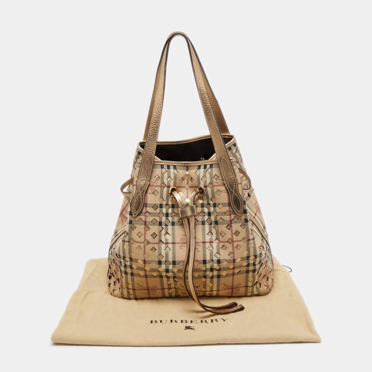 Pre Owned Burberry Gold/Beige Laser Cut Haymarket Check Coated Canvas and Leather Drawstring Shoulder Bag