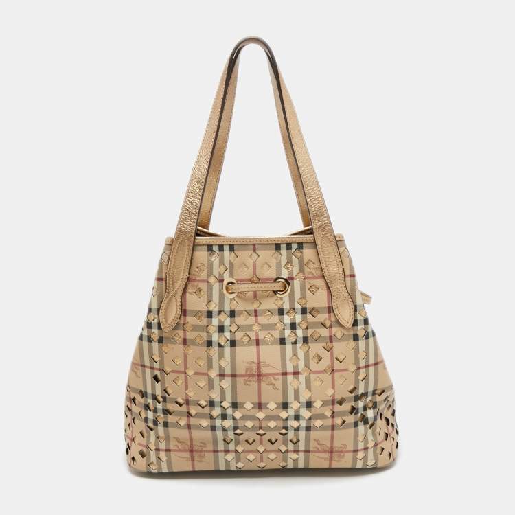 Pre Owned Burberry Gold/Beige Laser Cut Haymarket Check Coated Canvas and Leather Drawstring Shoulder Bag