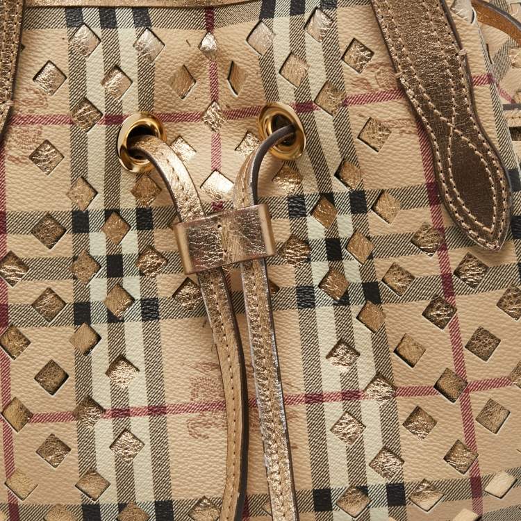 Pre Owned Burberry Gold/Beige Laser Cut Haymarket Check Coated Canvas and Leather Drawstring Shoulder Bag