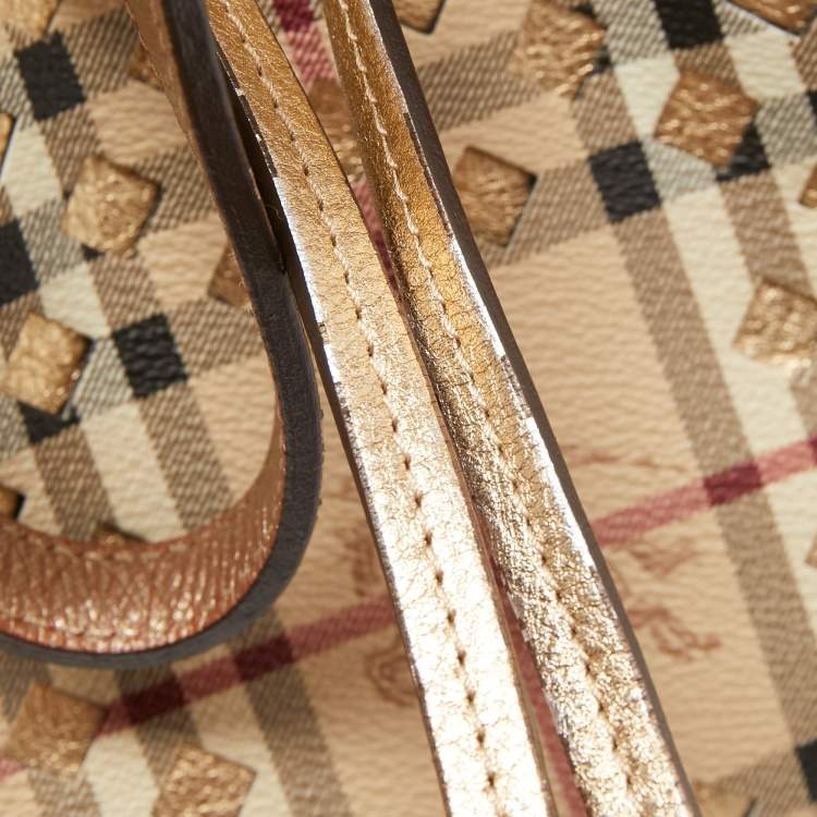 Pre Owned Burberry Gold/Beige Laser Cut Haymarket Check Coated Canvas and Leather Drawstring Shoulder Bag