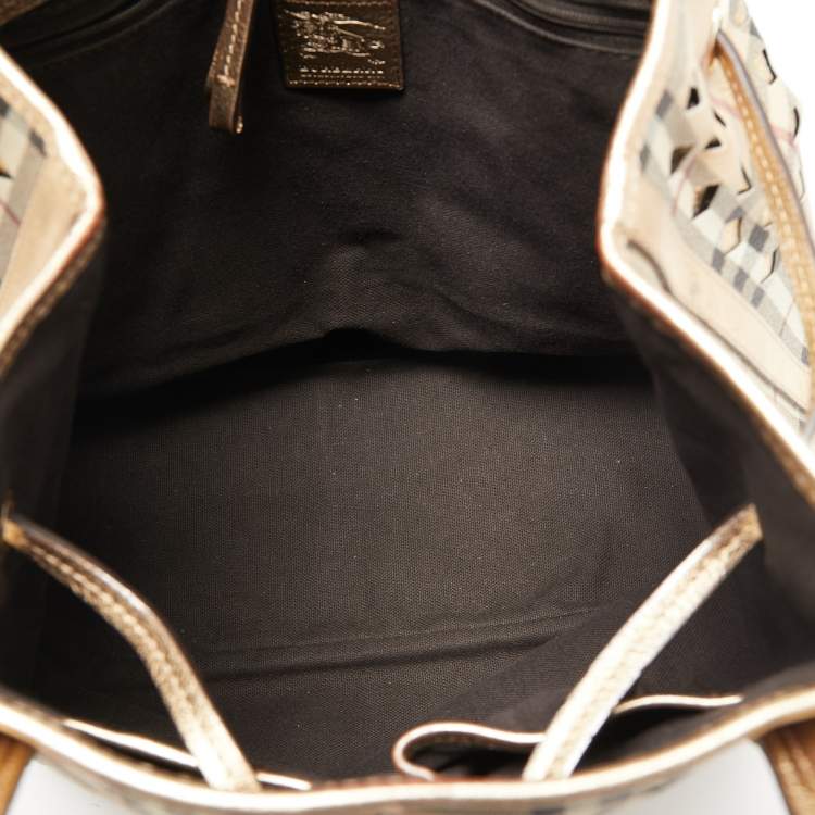 Pre Owned Burberry Gold/Beige Laser Cut Haymarket Check Coated Canvas and Leather Drawstring Shoulder Bag