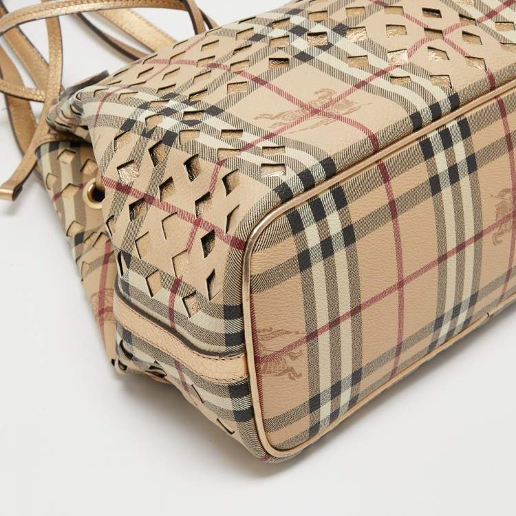 Pre Owned Burberry Gold/Beige Laser Cut Haymarket Check Coated Canvas and Leather Drawstring Shoulder Bag