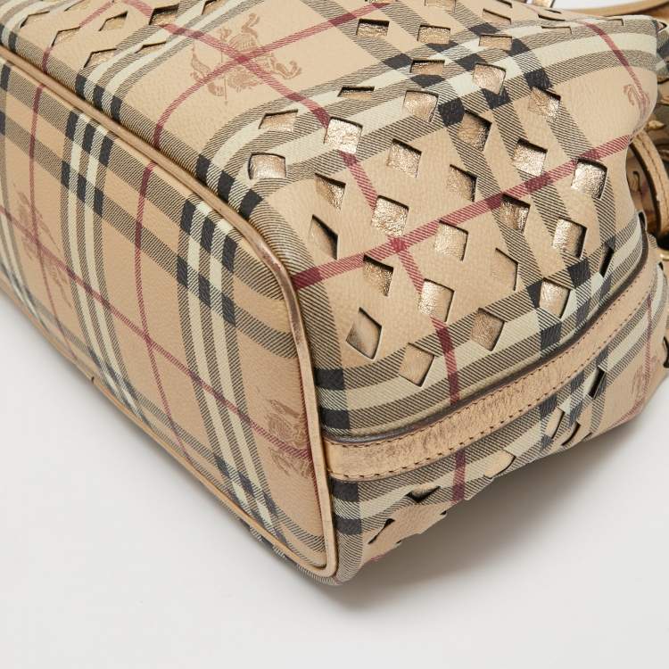Pre Owned Burberry Gold/Beige Laser Cut Haymarket Check Coated Canvas and Leather Drawstring Shoulder Bag