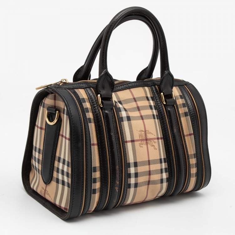 Pre Owned Burberry Brown/Beige Haymarket Check Coated Canvas and Leather Boston Bag