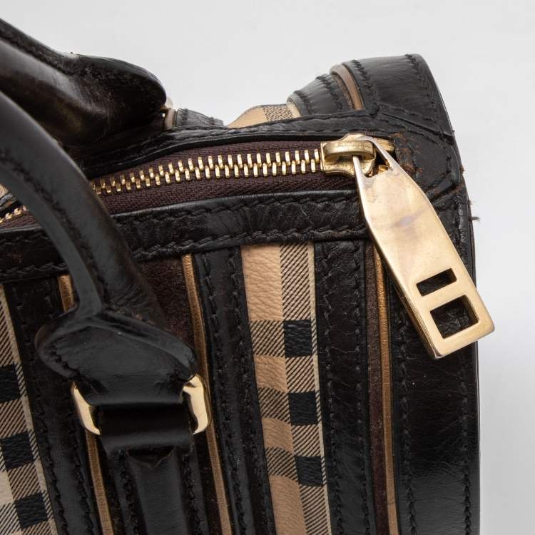 Pre Owned Burberry Brown/Beige Haymarket Check Coated Canvas and Leather Boston Bag