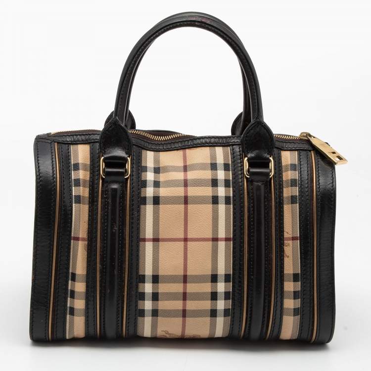 Pre Owned Burberry Brown/Beige Haymarket Check Coated Canvas and Leather Boston Bag