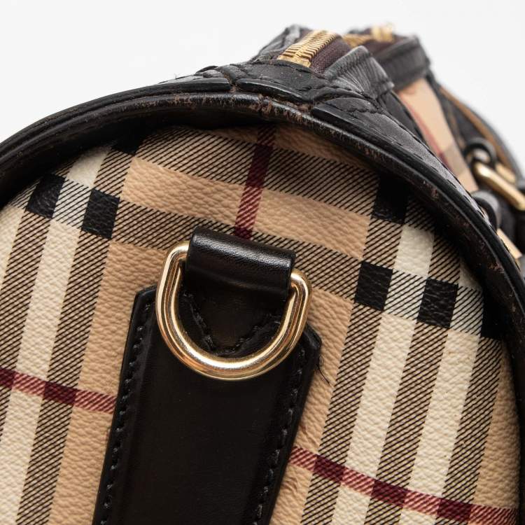 Pre Owned Burberry Brown/Beige Haymarket Check Coated Canvas and Leather Boston Bag