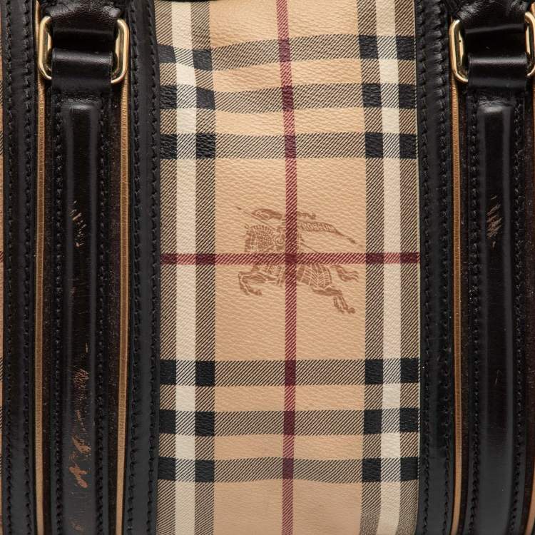 Pre Owned Burberry Brown/Beige Haymarket Check Coated Canvas and Leather Boston Bag