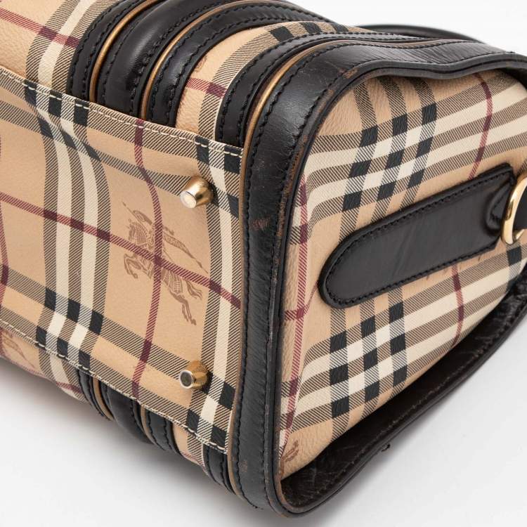 Pre Owned Burberry Brown/Beige Haymarket Check Coated Canvas and Leather Boston Bag