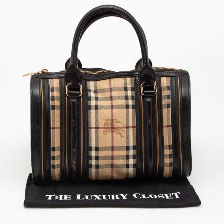 Pre Owned Burberry Brown/Beige Haymarket Check Coated Canvas and Leather Boston Bag