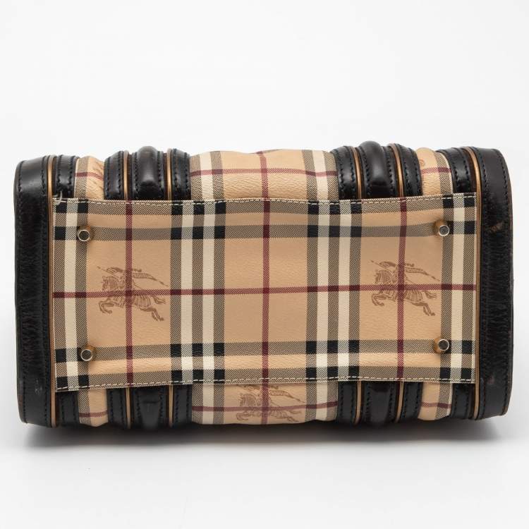 Pre Owned Burberry Brown/Beige Haymarket Check Coated Canvas and Leather Boston Bag