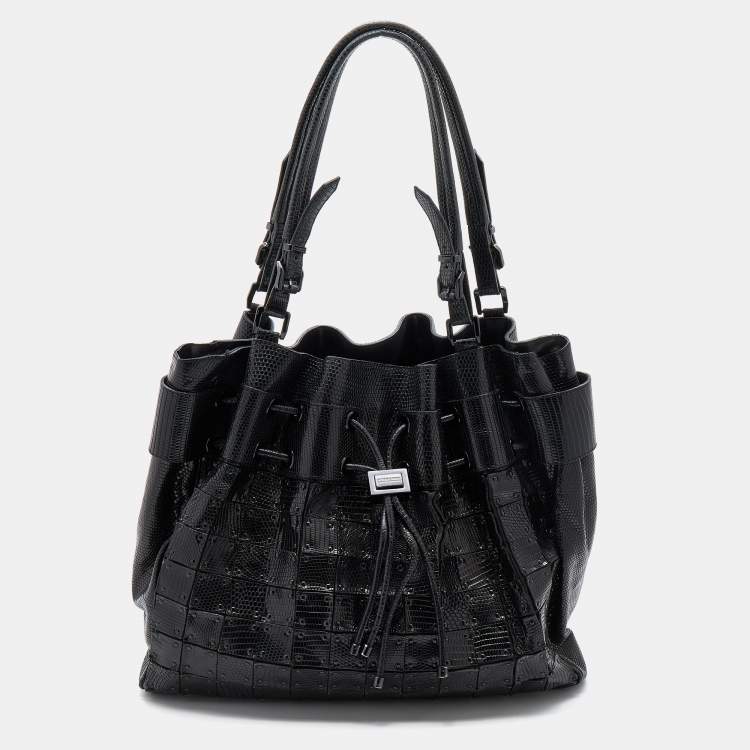 Pre Owned Burberry Black Lizard Embossed Leather Patchwork Drawstring Bag