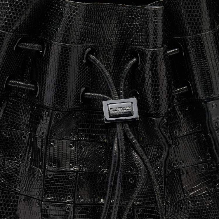 Pre Owned Burberry Black Lizard Embossed Leather Patchwork Drawstring Bag
