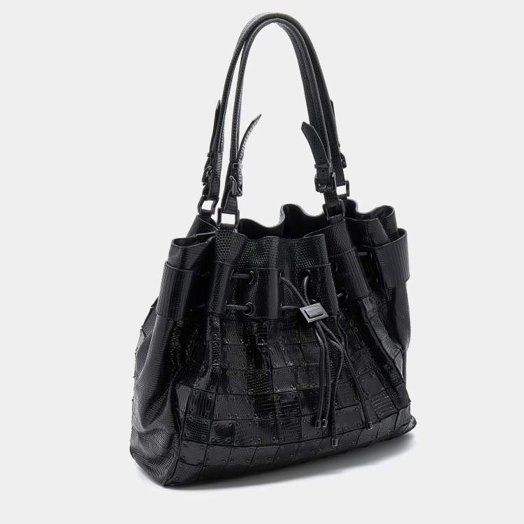 Pre Owned Burberry Black Lizard Embossed Leather Patchwork Drawstring Bag