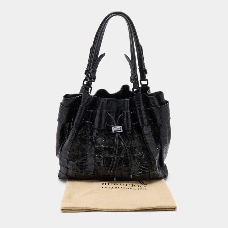 Pre Owned Burberry Black Lizard Embossed Leather Patchwork Drawstring Bag