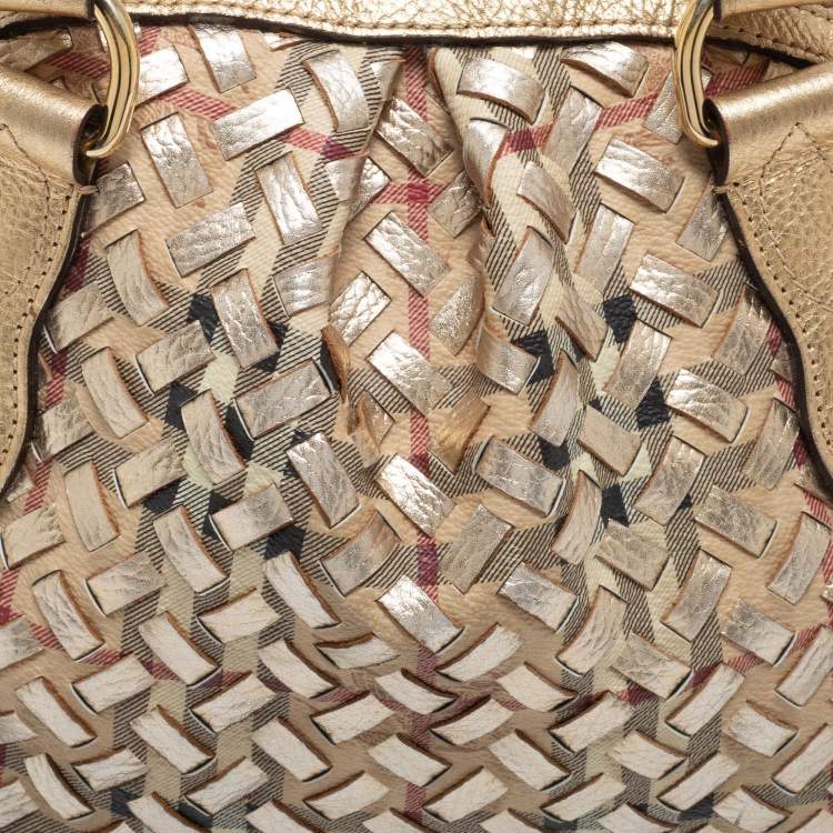 Pre Owned Burberry Metallic Gold Woven Haymarket check PVC and Leather Small Thornley Satchel