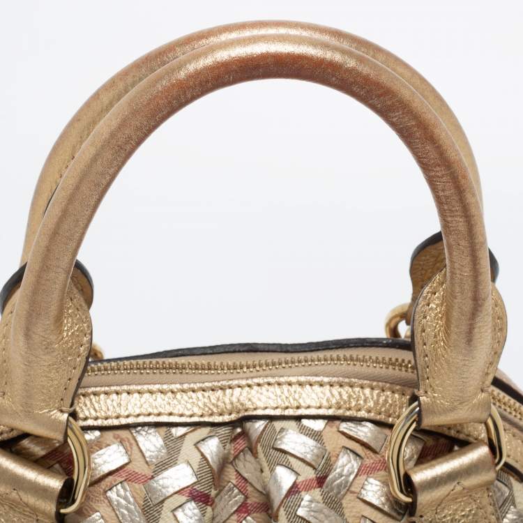 Pre Owned Burberry Metallic Gold Woven Haymarket check PVC and Leather Small Thornley Satchel