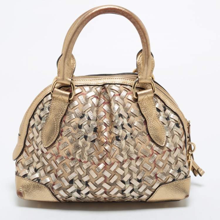 Pre Owned Burberry Metallic Gold Woven Haymarket check PVC and Leather Small Thornley Satchel