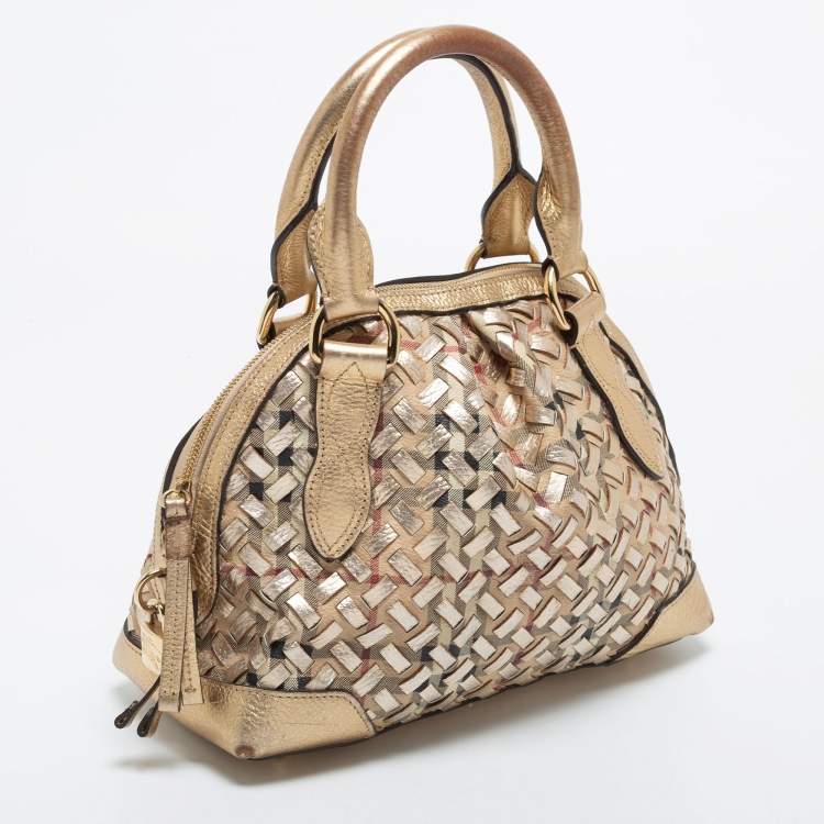 Pre Owned Burberry Metallic Gold Woven Haymarket check PVC and Leather Small Thornley Satchel