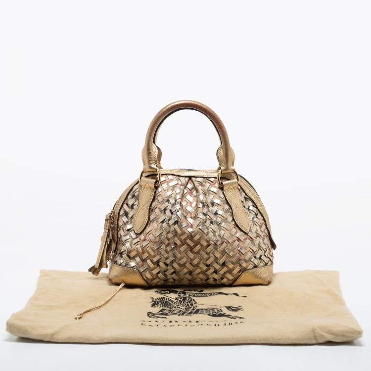 Pre Owned Burberry Metallic Gold Woven Haymarket check PVC and Leather Small Thornley Satchel