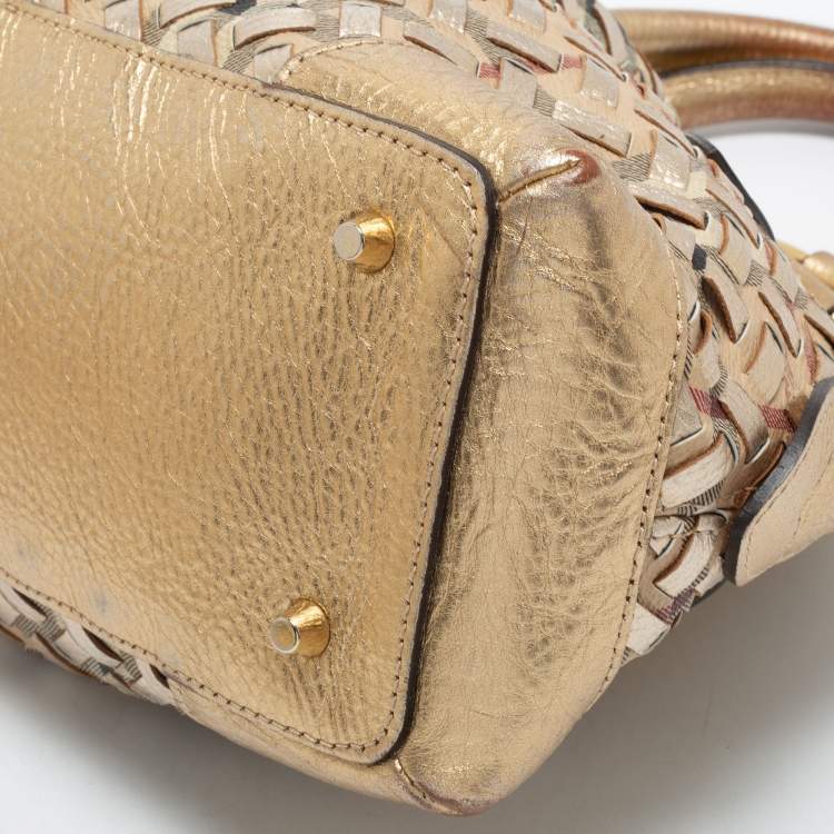 Pre Owned Burberry Metallic Gold Woven Haymarket check PVC and Leather Small Thornley Satchel