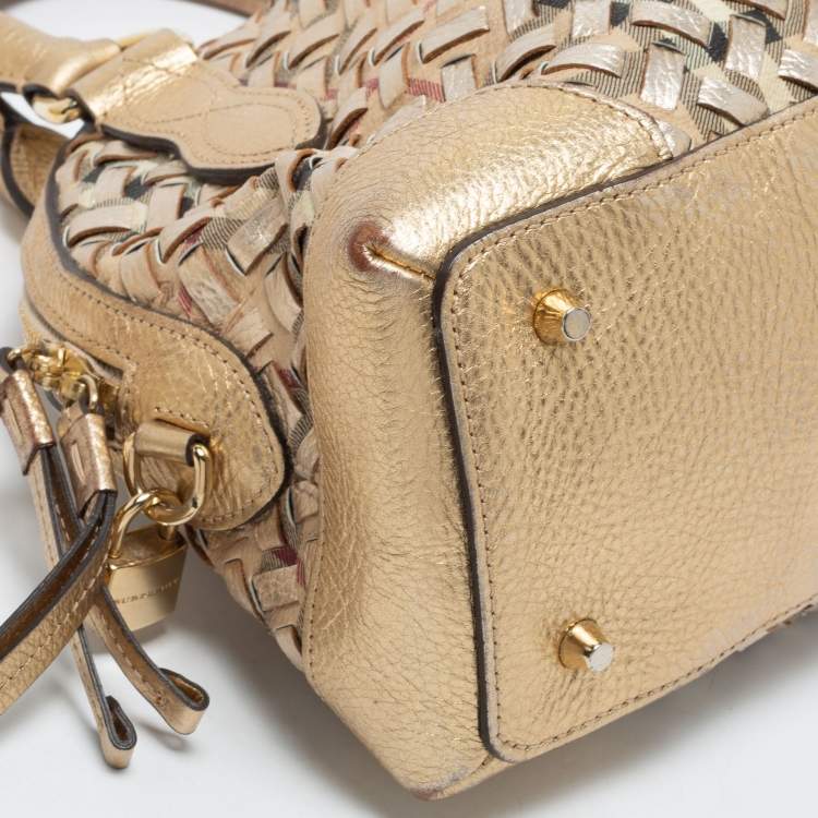 Pre Owned Burberry Metallic Gold Woven Haymarket check PVC and Leather Small Thornley Satchel