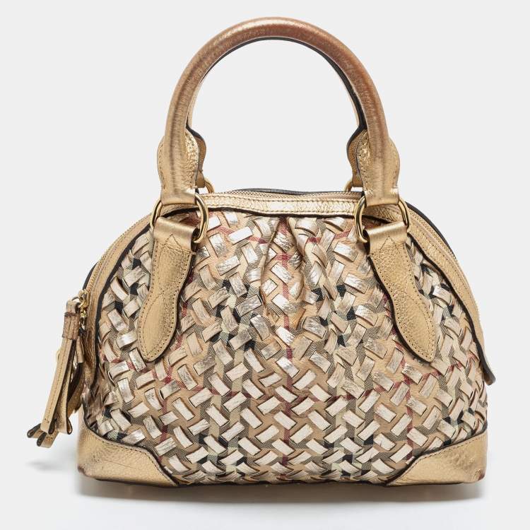 Pre Owned Burberry Metallic Gold Woven Haymarket check PVC and Leather Small Thornley Satchel