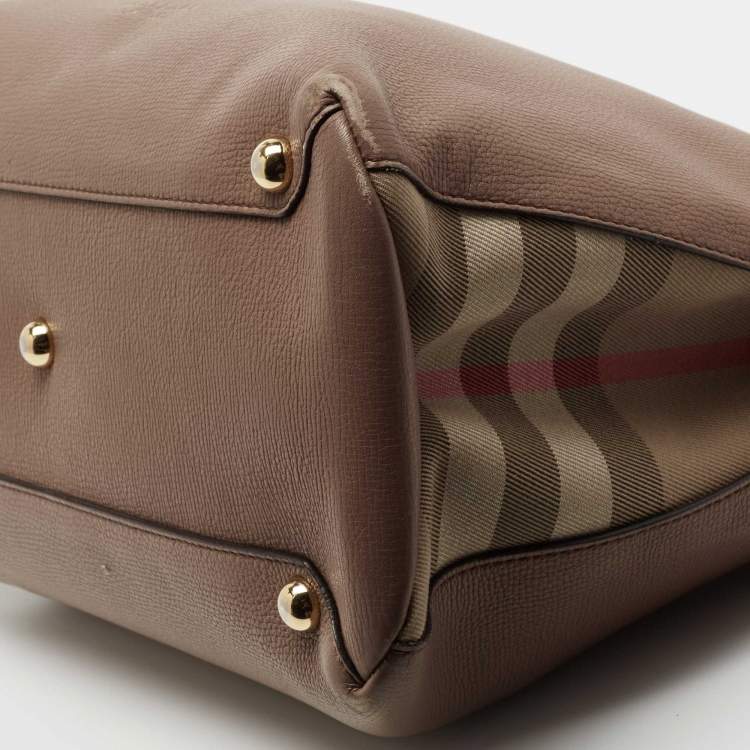 Pre Owned Burberry Beige Leather and House Check Canvas Medium Banner Tote
